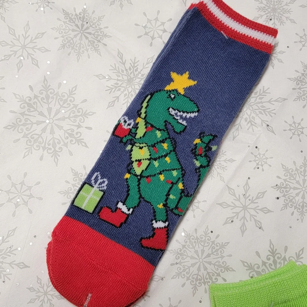Christmas Kid's Poly Socks Festive Holiday Dinosaur T-rex and Christmas Elf Xmas